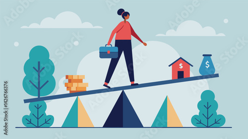 A person standing on a seesaw with the words lower monthly payments on one side and extending the loan term on the other representing two possible. Vector illustration