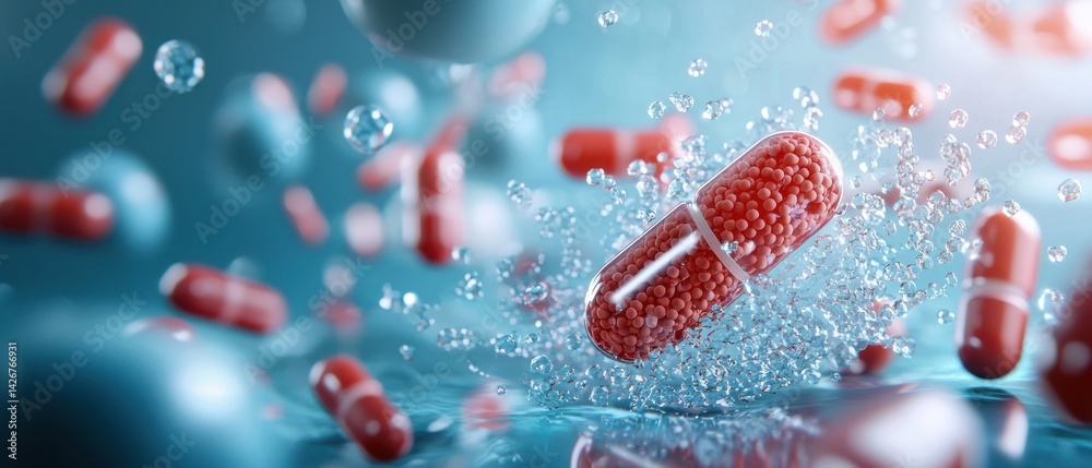 Fototapeta premium Detailed close-up view of an advanced, futuristic nano-sized medical implant or device releasing a therapeutic substance for healthcare applications