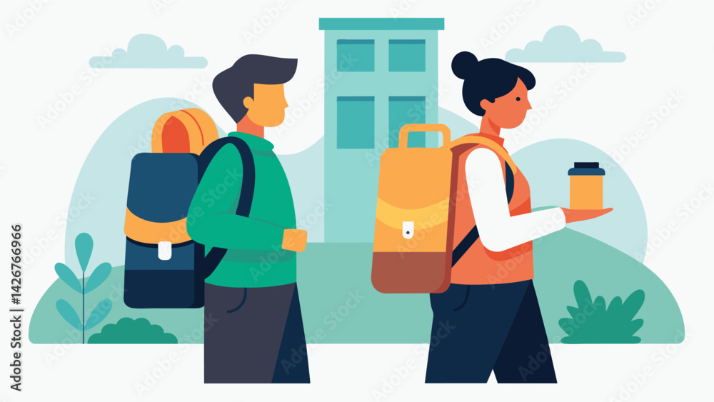 A student at a university carrying a designer backpack while a student at a community college uses a basic affordable backpack.. Vector illustration A student at a university carrying a designer backpack while a student at a community college uses a basic affordable backpack.. Vector illustration
