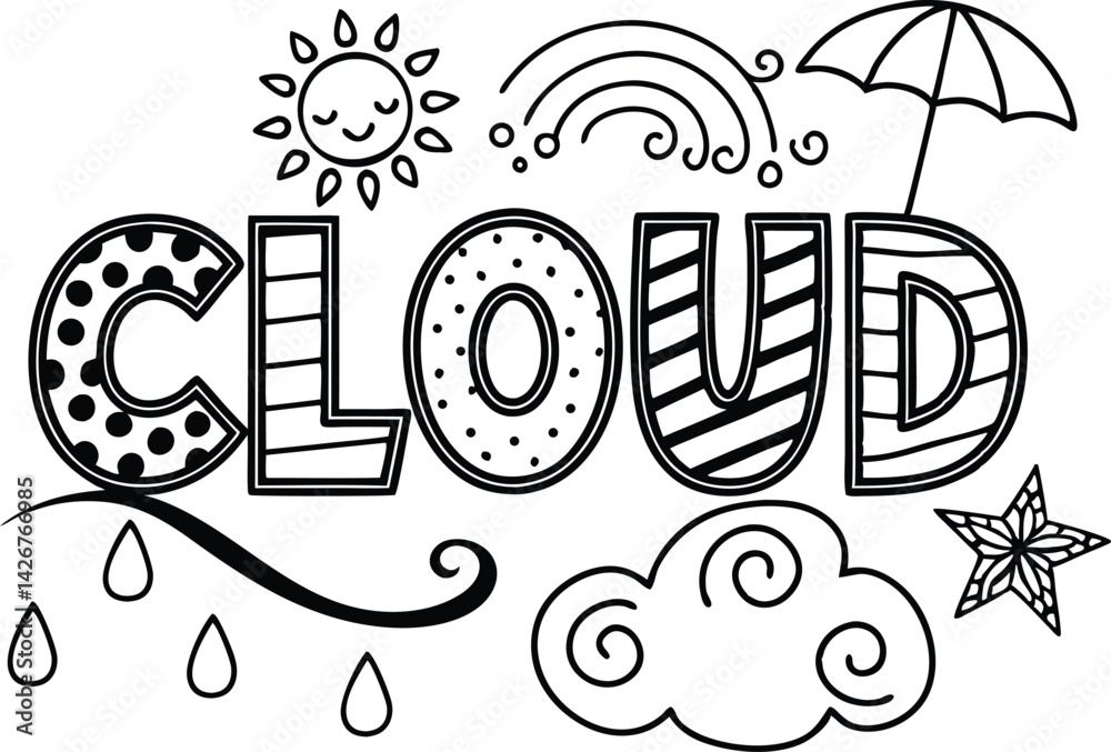 Obraz premium Cloud Lettering with Raindrops, Sun, Rainbow, Umbrella, Swirling Cloud Outlines
