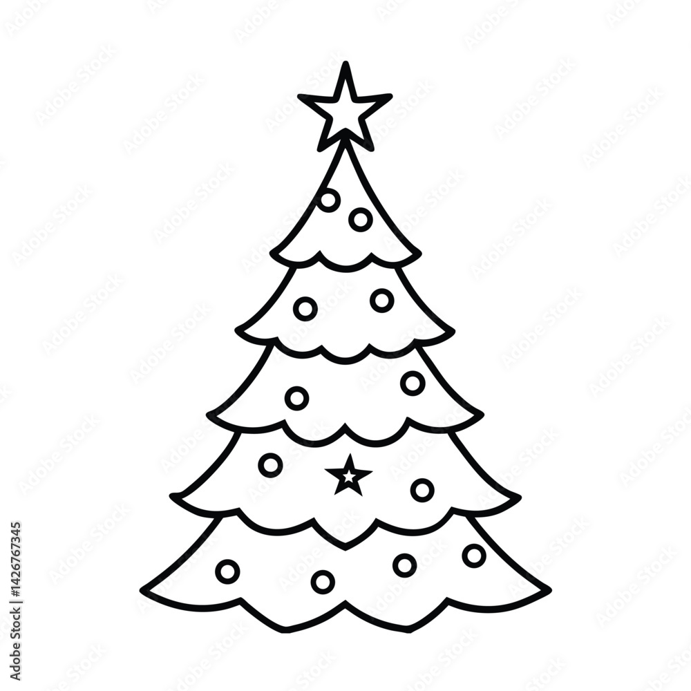 Outlined christmas tree with star and ornaments festive holiday season design Outlined christmas tree with star and ornaments festive holiday season design