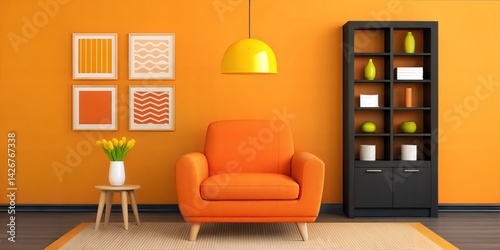 Modern living room with vibrant orange walls, comfortable orange armchair, yellow pendant light, and stylish decorative elements including framed art and plants photo