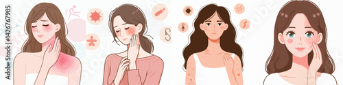vector set of teenagers having skin problems