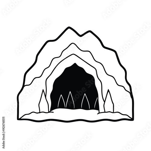 Monochromatic cave entrance illustration with sharp teeth like stalactites in line art style