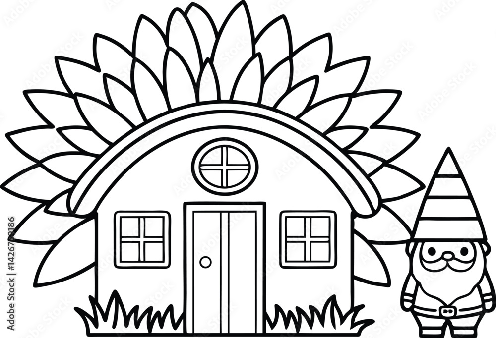 Fototapeta premium Outline Sunflower House with Door, Windows, Grass, and Gnome with Striped Hat