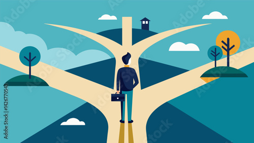 A person standing at a crossroads with one path leading to multiple roads representing various loans and the other leading to a single straightforward. Vector illustration