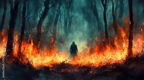 High Quality Watercolor Painting of a Mysterious Figure Surrounded by Flames in a Dark Forest Setting