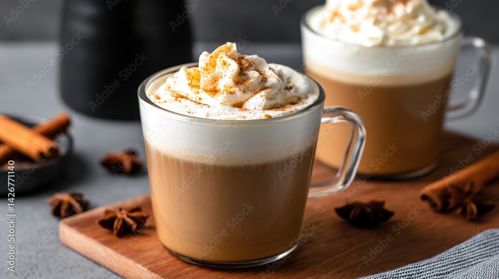 Two frothy coffee drinks topped with whipped cream and spices on a wooden board, cozy setting Two frothy coffee drinks topped with whipped cream and spices on a wooden board, cozy setting