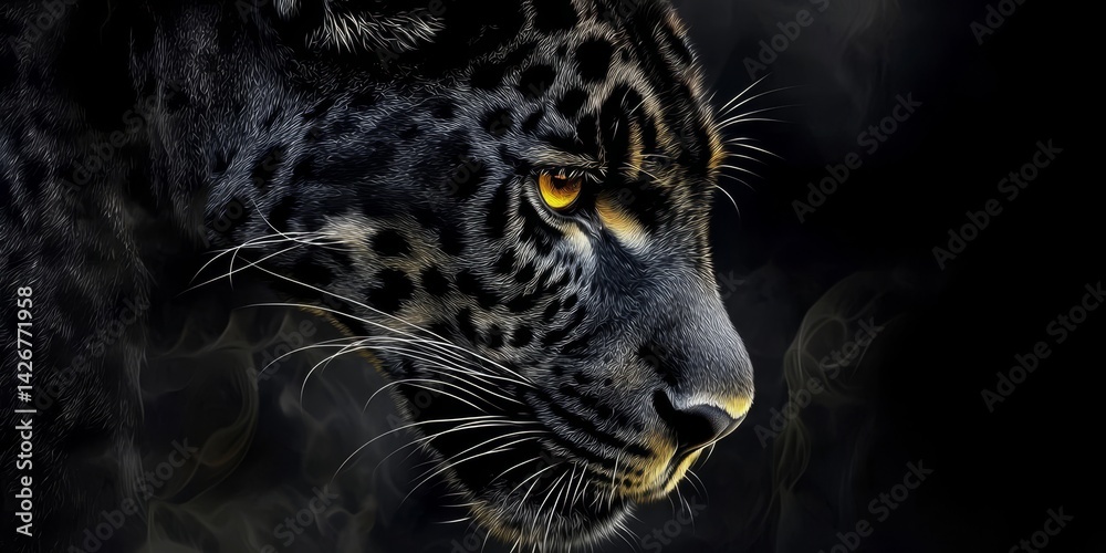 Features the fierce expression of a black jaguar, highlighting its powerful presence. Features the fierce expression of a black jaguar, highlighting its powerful presence.