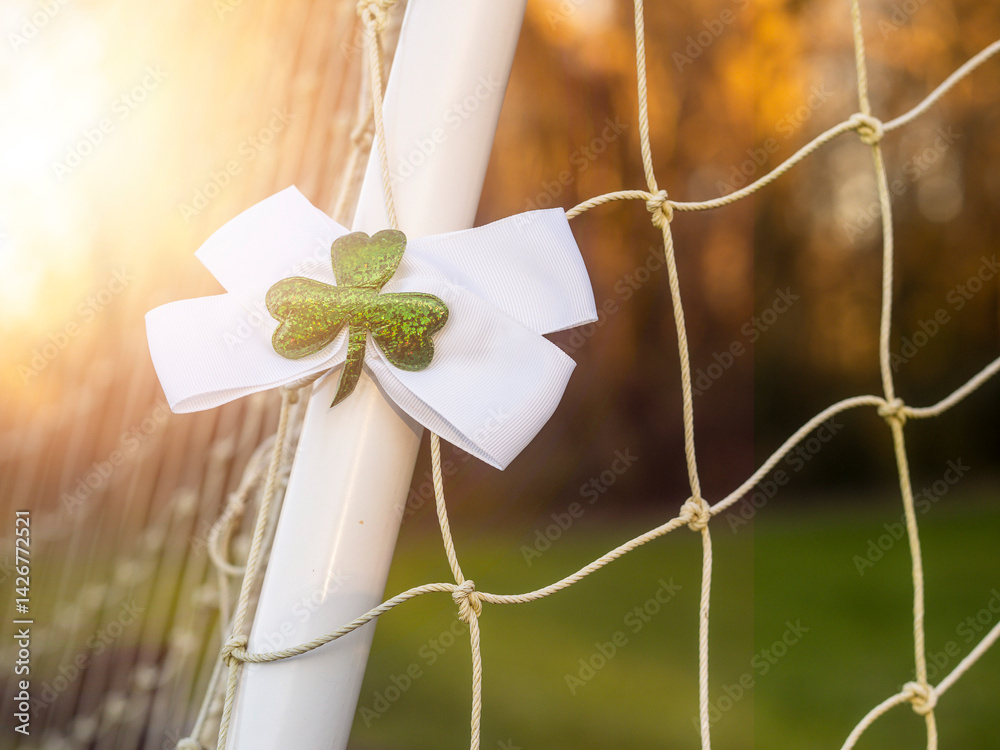 White bow with green Irish shamrock attached on a goal post net. Support for national sport of Ireland, hurling, Gaelic football, rugby, camogie. Selective focus. Boys in green fan base. Sun flare.