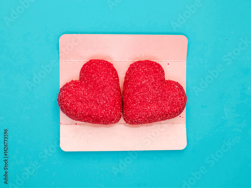 Obraz na płótnie Two red heart shaped donuts on pink cardboard packaging for Valentine day or special event. Romantic expression of feeling through food. Fine bakery product. Blue background. Special couple treatment w salonie