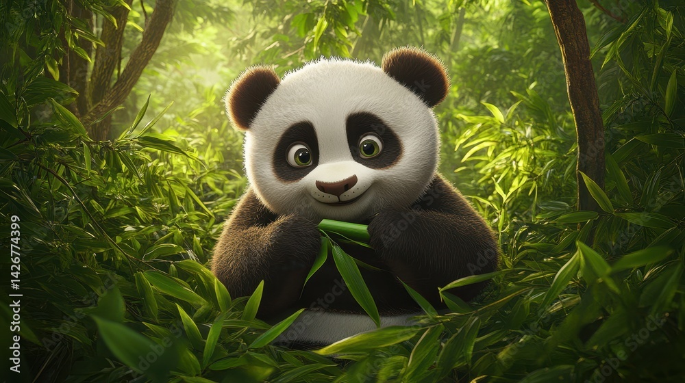 Obraz premium A delightful 3D illustration of a cute panda bear in a vibrant jungle setting.