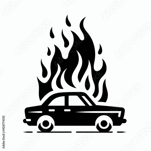  very simple flat and single minimalist Car Fire Silhouettes in black on a white background