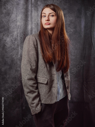 Obraz na płótnie A young business woman is wearing a gray jacket and black pants. The model has long brown hair is elegant and is standing in front of a gray color background. Lady boss concept. Classic portrait. w salonie