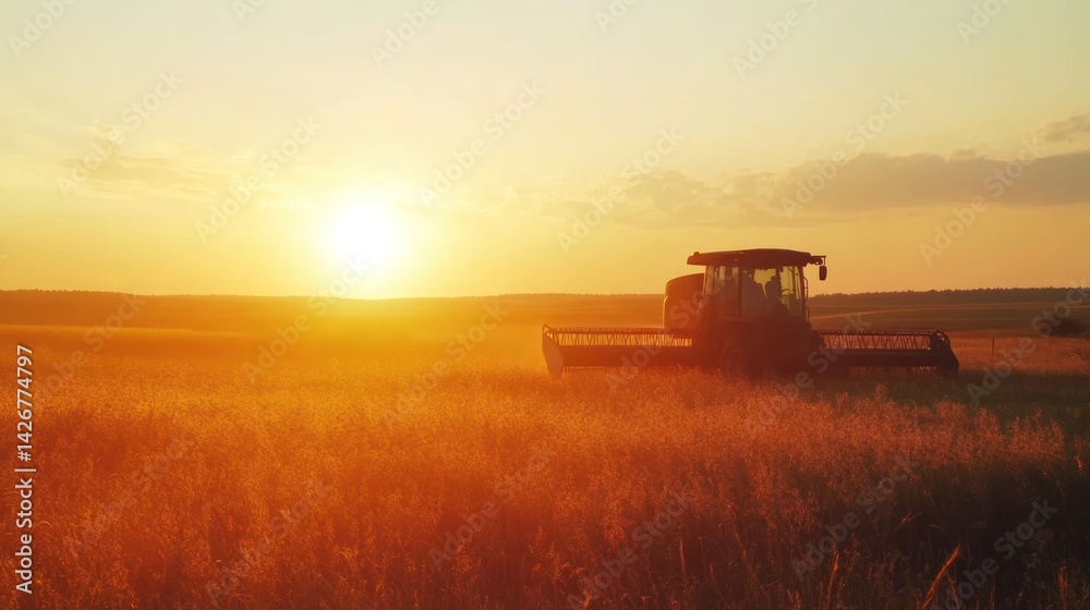 Fototapeta premium Golden sunset illuminates harvesting machinery across a vast open field