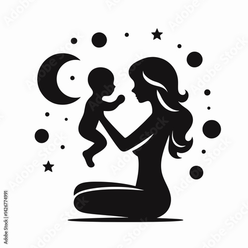  very simple flat and single minimalist Baby  Mother Silhouettes in black on a white background 