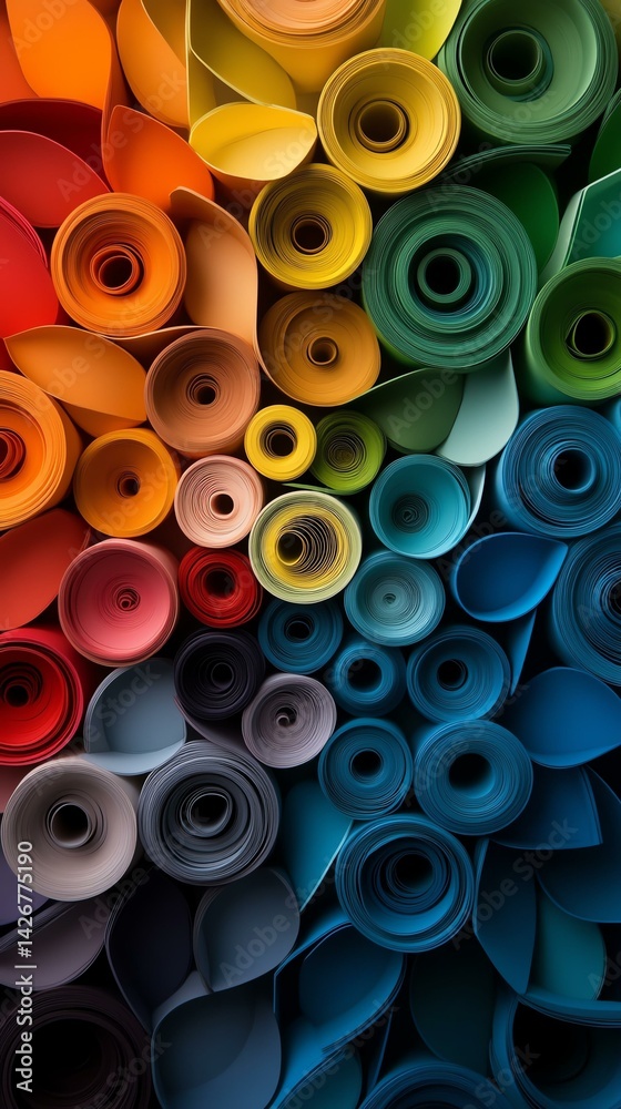 A vibrant composition of rolled colored paper showcasing a beautiful gradient from warm to cool tones, perfect for creative projects. A vibrant composition of rolled colored paper showcasing a beautiful gradient from warm to cool tones, perfect for creative projects.