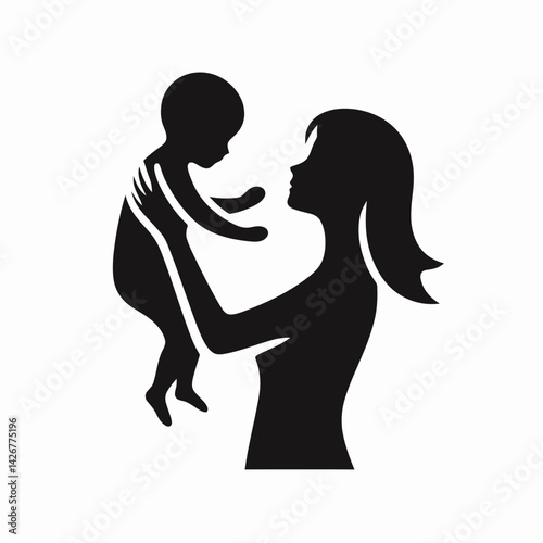  very simple flat and single minimalist Baby  Mother Silhouettes in black on a white background 