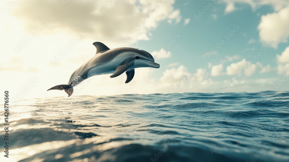A delightful illustration of a baby dolphin joyfully jumping against a vast ocean background. A delightful illustration of a baby dolphin joyfully jumping against a vast ocean background.