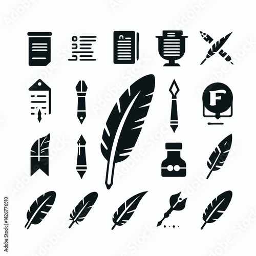  very simple flat and single minimalist Paper and Quill Silhouettes in black on a white background 