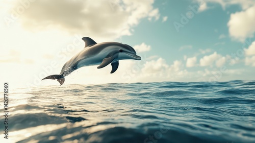 A delightful illustration of a baby dolphin joyfully jumping against a vast ocean background.