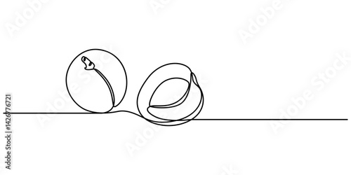apricot halves continuous one line drawing, drawn by a solid dark line an apricot and a half of an apricot on a background of abstract orange and brown spots on a white background, Apricot pro vector.