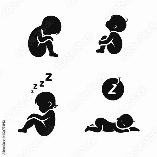  very simple flat and single minimalist Sleeping Child Silhouettes in black on a white background 
