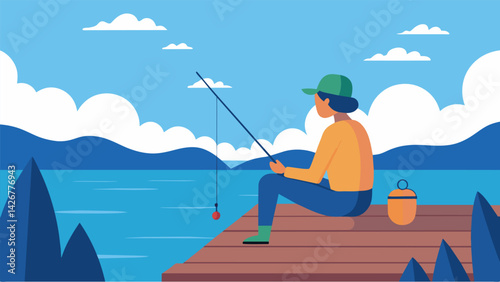 A person sitting on a dock fishing rod in hand lost in their own peaceful thoughts.. Vector illustration