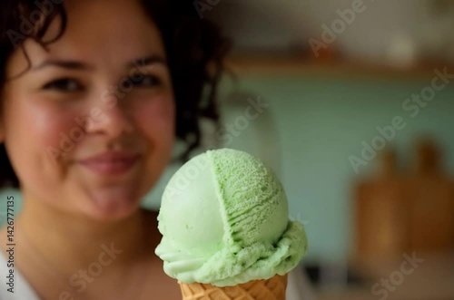 Plussize portrait of a pretty girl at home preparing pistachio ice cream
 photo