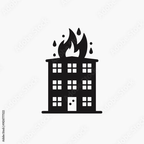  very simple flat and single minimalist Building Fire Silhouettes in black on a white background 