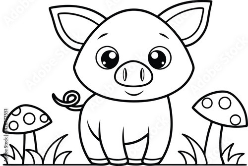 Simple Outline Drawing of Piglet with Mushrooms on Transparent Background