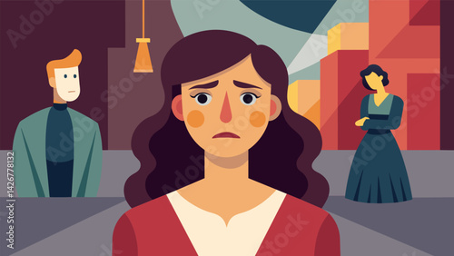 She pauses to observe a street performer but her expression remains impassive unfazed by the show.. Vector illustration