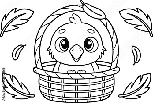 Fotografija Outline Cartoon Chick with Feather In Wicker Basket