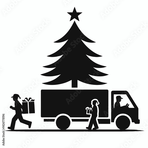  very simple flat and single minimalist Christmas Tree Delivery Silhouettes in black on a white background 