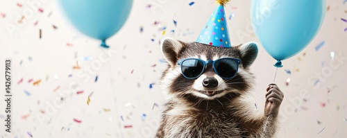 Playful Raccoon Birthday Celebration with Balloons and Confetti