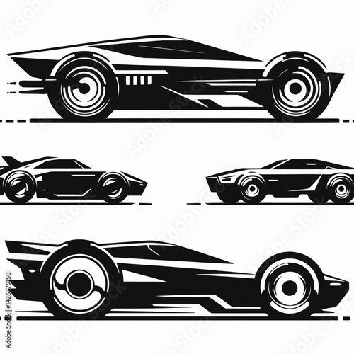  very simple flat and single minimalist Futuristic Car Silhouettes in black on a white background 