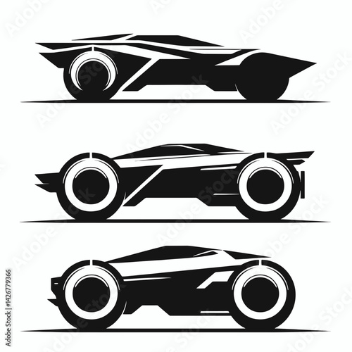  very simple flat and single minimalist Futuristic Car Silhouettes in black on a white background 