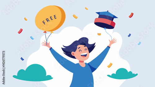 A person tossing their cap in the air with a huge smile surrounded by balloons that spell out DEBT FREE. Vector illustration