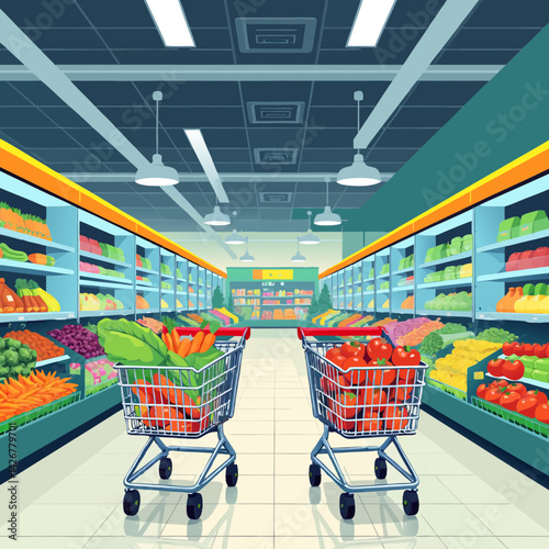 Two Shopping Carts Filled with Fresh Produce in a Supermarket Aisle