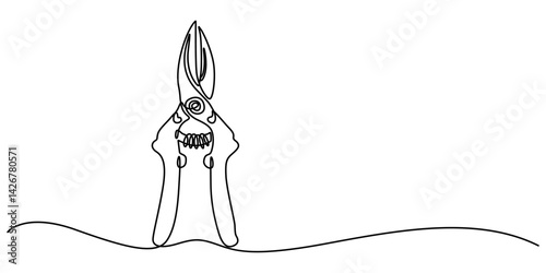 Continuous one line drawing of secateurs plant equipment. Plant scissors  in single line draw illustration. Editable stroke, Gardening scissors vector hand drawn silhouette clipart. Sketch isolated on