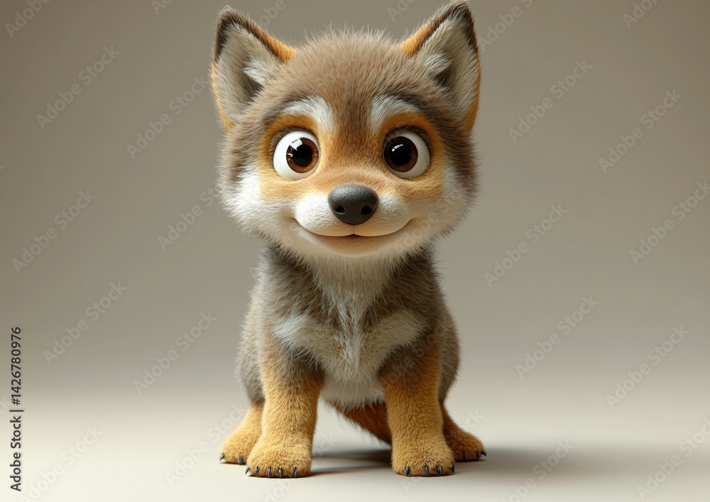 Obraz premium Cute cartoon wolf pup, studio shot, light background, possible use for children's book illustration