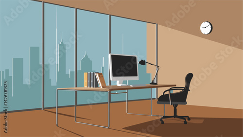A clean and organized office space with a large window and a clock on the wall. The room is well lit and has a modern feel