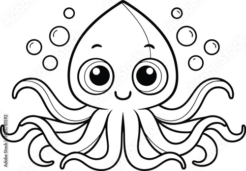 Cute cartoon squid with bubbles outline on transparent background clip art