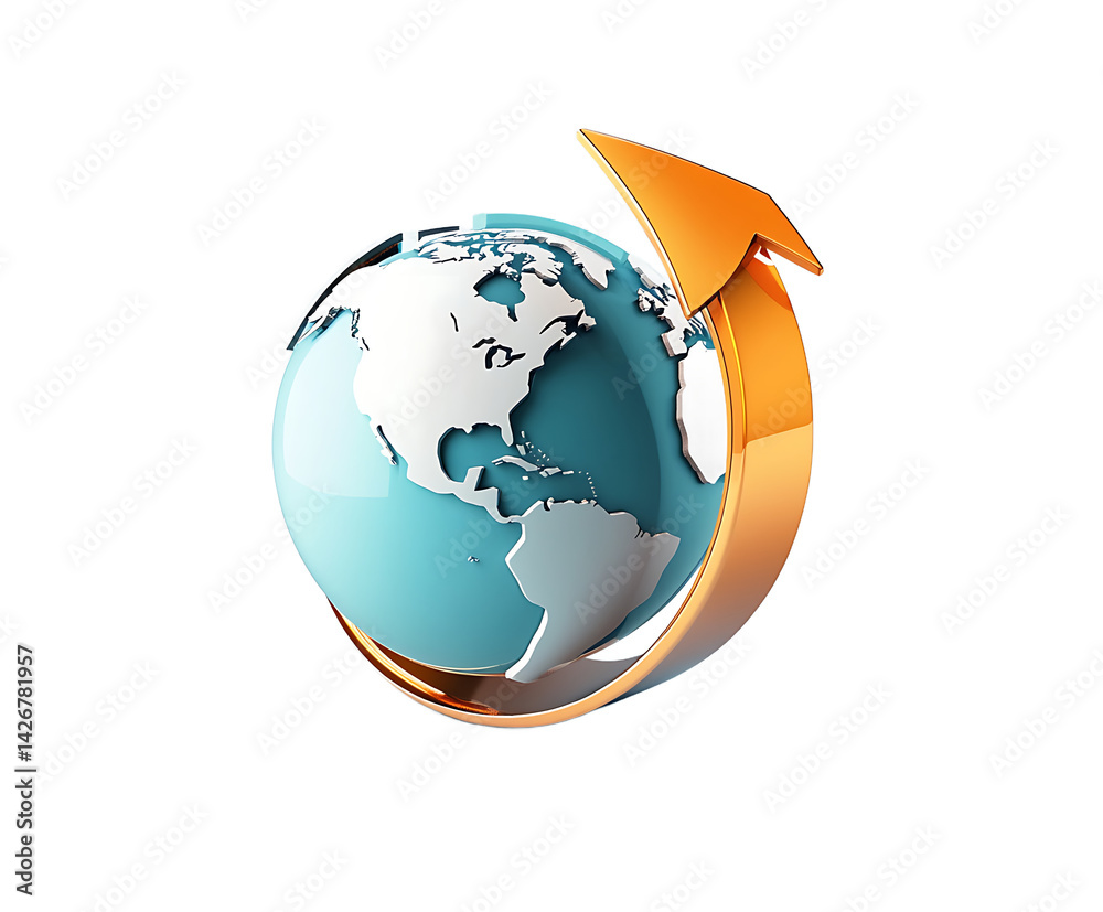 Fototapeta premium Global Business Growth 3D Globe with Golden Arrow, International Expansion, Investment, Financial Success, and Worldwide Connectivity Concept