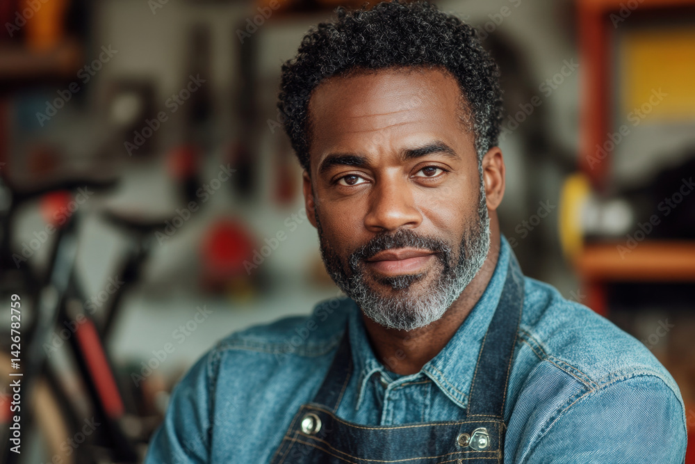 Obraz premium Confident man standing in a workshop, wearing a denim apron, surrounded by tools and equipment, embodying craftsmanship and creativity