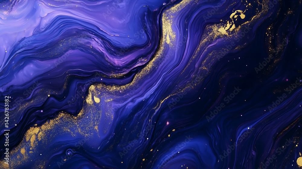 Obraz premium Abstract Liquid Marbling Painting With Purple Blue And Golden Sparkle