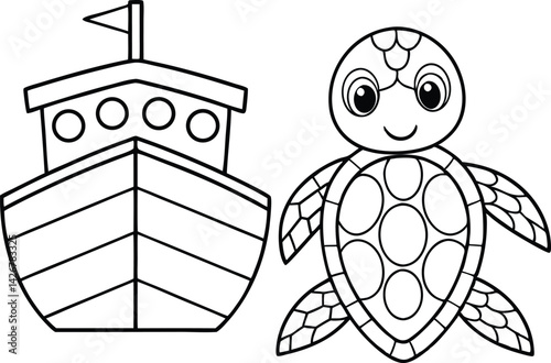 Simple line art of a cartoon boat and turtle on white background for kids coloring
