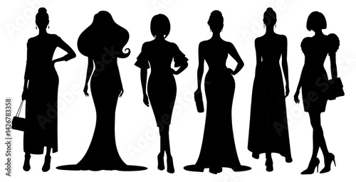 Silhouettes of beautiful Women in fashion dress for evening or cocktail party, event. Vector illustration isolated on transparent background.
