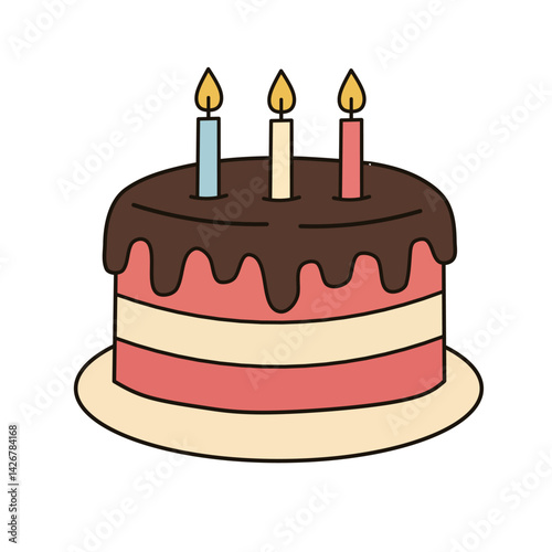 A vector illustration of flat-style birthday cake with chocolate frosting and candles. Suitable for design projects related to celebrations, birthdays, and desserts.