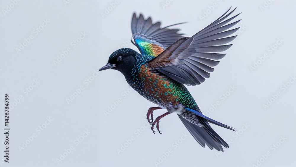 Obraz premium European starling in flight against light background displaying iridescent feathers